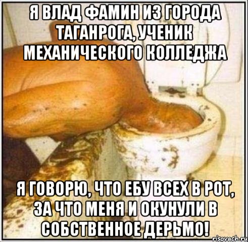 я влад фамин из города таганрога, ученик механического колледжа я говорю, что ебу всех в рот, за что меня и окунули в собственное дерьмо!, Мем Дайвер