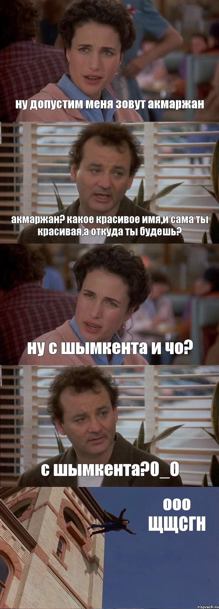 ну допустим меня зовут акмаржан акмаржан? какое красивое имя,и сама ты красивая,а откуда ты будешь? ну с шымкента и чо? с шымкента?0_О ооо ЩЩСГН, Комикс День сурка