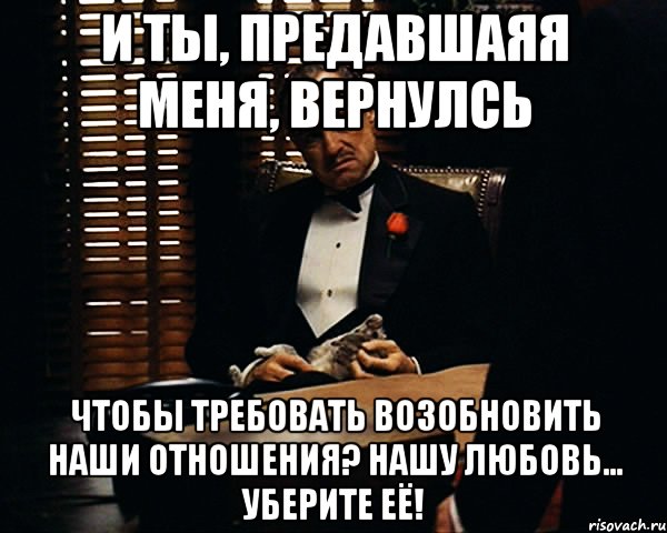 И ТЫ, ПРЕДАВШАЯЯ МЕНЯ, ВЕРНУЛСЬ ЧТОБЫ ТРЕБОВАТЬ ВОЗОБНОВИТЬ НАШИ ОТНОШЕНИЯ? НАШУ ЛЮБОВЬ... УБЕРИТЕ ЕЁ!, Мем Дон Вито Корлеоне