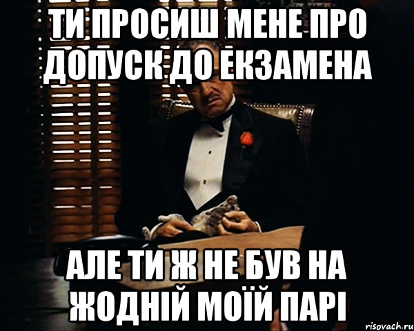 Ти просиш мене про допуск до екзамена Але ти ж не був на жодній моїй парі, Мем Дон Вито Корлеоне