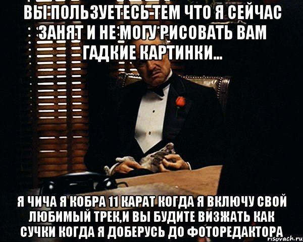 вы пользуетесь тем что я сейчас занят и не могу рисовать вам гадкие картинки... я чича я кобра 11 карат когда я включу свой любимый трек,и вы будите визжать как сучки когда я доберусь до фоторедактора, Мем Дон Вито Корлеоне