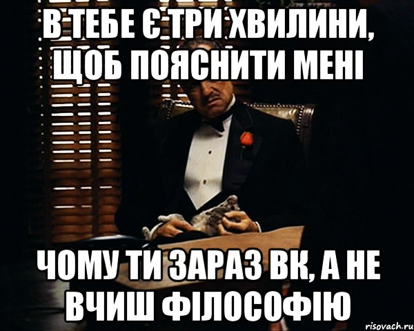 В тебе є три хвилини, щоб пояснити мені чому ти зараз ВК, а не вчиш філософію, Мем Дон Вито Корлеоне