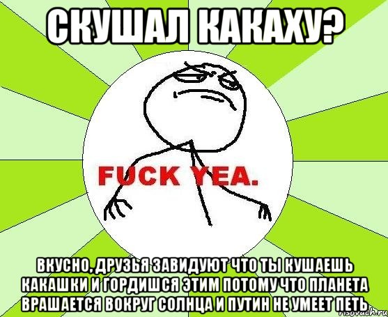 Скушал какаху? Вкусно, друзья завидуют что ты кушаешь какашки и гордишся этим потому что планета врашается вокруг солнца и Путин не умеет петь, Мем фак е