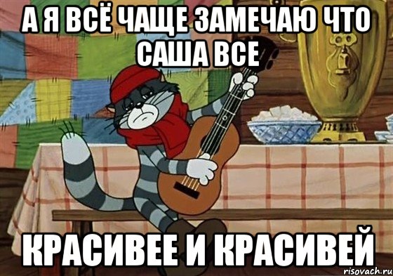 а я всё чаще замечаю что Саша все красивее и красивей, Мем Грустный Матроскин с гитарой