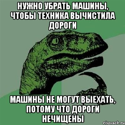 нужно убрать машины, чтобы техника вычистила дороги машины не могут выехать, потому что дороги нечищены, Мем Филосораптор