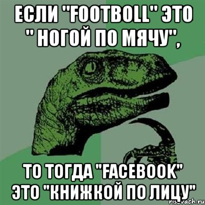Если "footboll" это " ногой по мячу", То тогда "facebook" это "книжкой по лицу", Мем Филосораптор