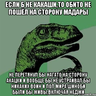 Если б не Какаши,то Обито не пошёл на сторону Мадары не перетянул бы нагато на сторону акацки и вообще бы не устраивал бы никаких воин и пол мира шиноби были бы живы,включая Неджи, Мем Филосораптор