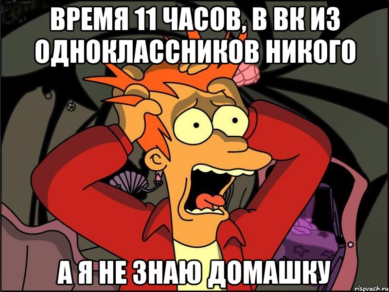 Время 11 часов, в ВК из одноклассников никого А Я НЕ ЗНАЮ ДОМАШКУ, Мем Фрай в панике