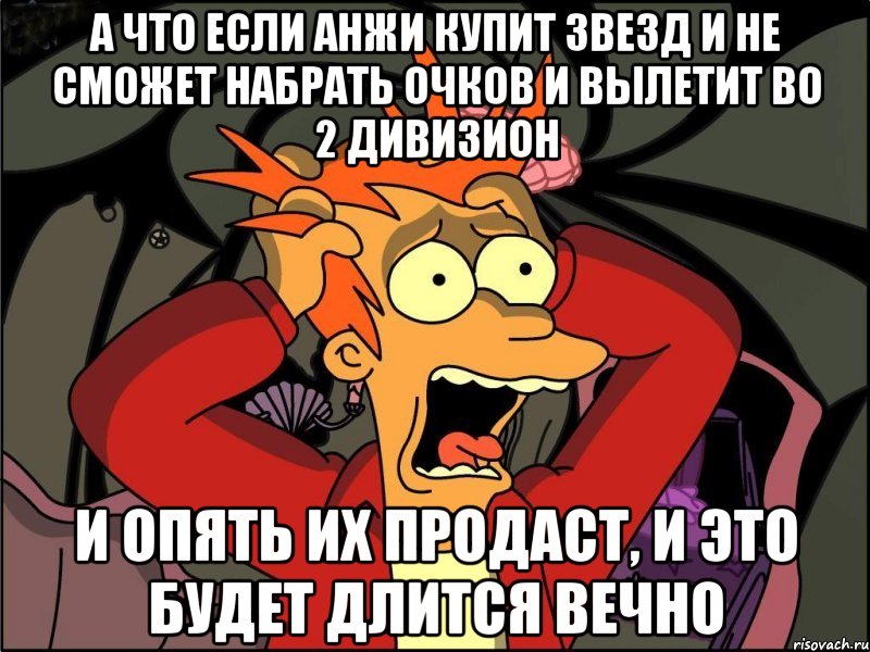 А ЧТО ЕСЛИ АНЖИ КУПИТ ЗВЕЗД И НЕ СМОЖЕТ НАБРАТЬ ОЧКОВ И ВЫЛЕТИТ ВО 2 ДИВИЗИОН И ОПЯТЬ ИХ ПРОДАСТ, И ЭТО БУДЕТ ДЛИТСЯ ВЕЧНО, Мем Фрай в панике