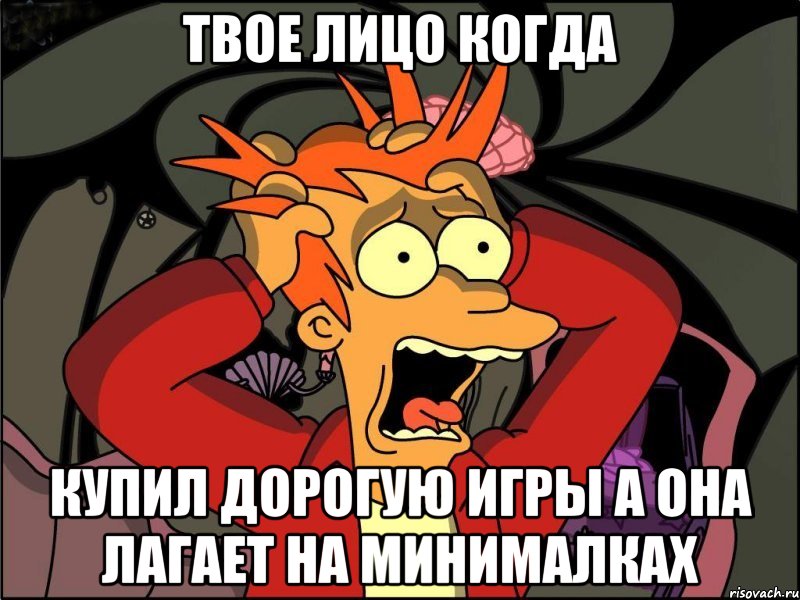 Твое лицо когда купил дорогую игры а она лагает на минималках, Мем Фрай в панике