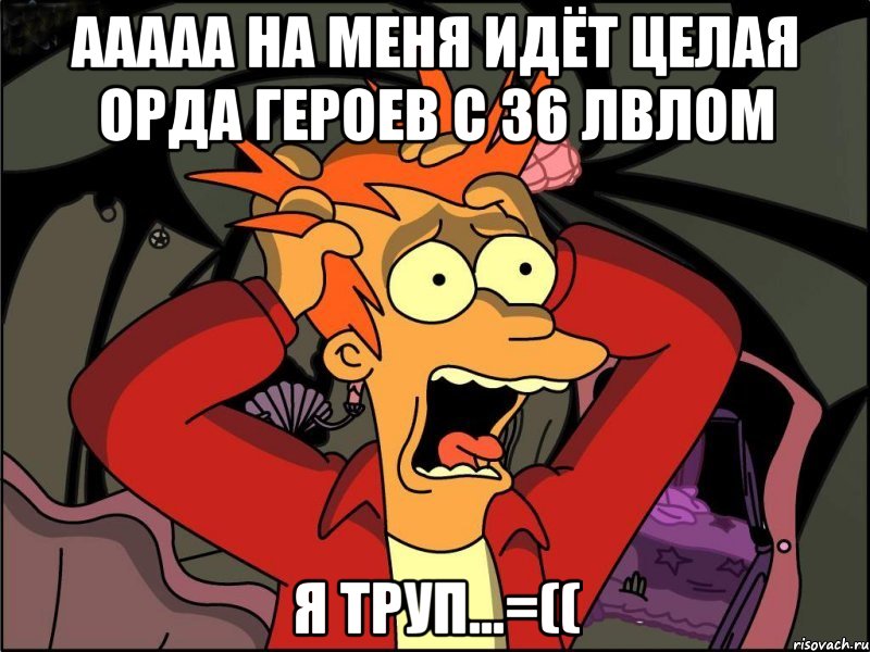 Ааааа на меня идёт целая орда героев с 36 лвлом Я труп...=((, Мем Фрай в панике