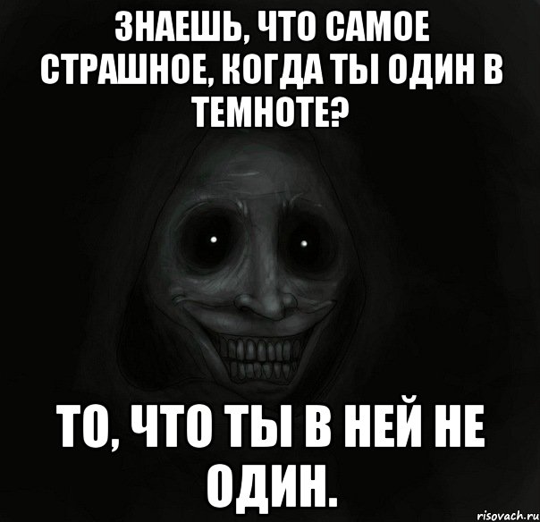 ЗНАЕШЬ, ЧТО САМОЕ СТРАШНОЕ, КОГДА ТЫ ОДИН В ТЕМНОТЕ? ТО, ЧТО ТЫ В НЕЙ НЕ ОДИН., Мем Ночной гость