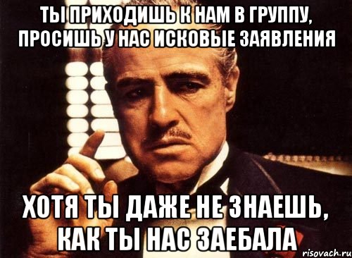 ты приходишь к нам в группу, просишь у нас исковые заявления хотя ты даже не знаешь, как ты нас заебала, Мем крестный отец