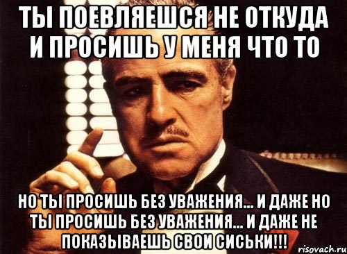 Ты Поевляешся не откуда и просишь у Меня Что то Но ты Просишь без Уважения... И Даже Но ты Просишь без Уважения... И Даже не показываешь Свои Сиськи!!!, Мем крестный отец