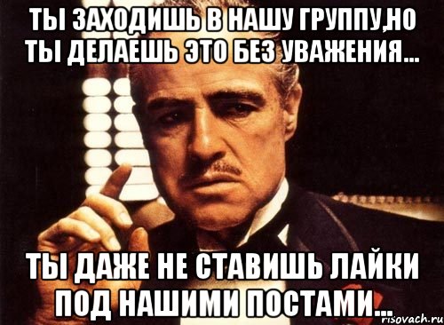 ТЫ ЗАХОДИШЬ В НАШУ ГРУППУ,НО ТЫ ДЕЛАЕШЬ ЭТО БЕЗ УВАЖЕНИЯ... ТЫ ДАЖЕ НЕ СТАВИШЬ ЛАЙКИ ПОД НАШИМИ ПОСТАМИ..., Мем крестный отец