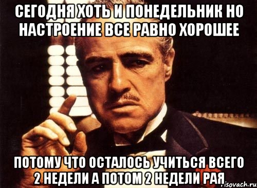 СЕГОДНЯ ХОТЬ И ПОНЕДЕЛЬНИК НО НАСТРОЕНИЕ ВСЕ РАВНО ХОРОШЕЕ ПОТОМУ ЧТО ОСТАЛОСЬ УЧИТЬСЯ ВСЕГО 2 НЕДЕЛИ А ПОТОМ 2 НЕДЕЛИ РАЯ, Мем крестный отец