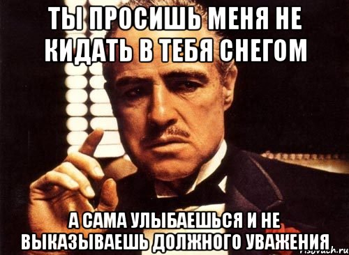 Ты просишь меня не кидать в тебя снегом А сама улыбаешься и не выказываешь должного уважения, Мем крестный отец