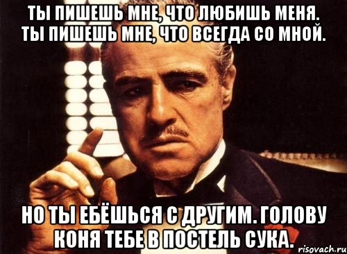 Ты пишешь мне, что любишь меня. Ты пишешь мне, что всегда со мной. Но ты ебёшься с другим. голову коня тебе в постель сука., Мем крестный отец