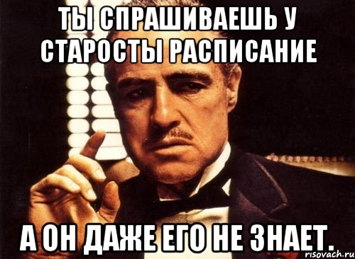 ТЫ СПРАШИВАЕШЬ У СТАРОСТЫ РАСПИСАНИЕ А ОН ДАЖЕ ЕГО НЕ ЗНАЕТ., Мем крестный отец