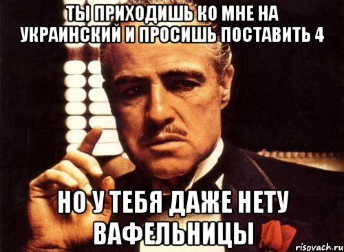 ты приходишь ко мне на украинский и просишь поставить 4 но у тебя даже нету вафельницы, Мем крестный отец