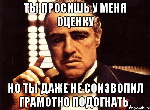 Ты просишь у меня оценку но ты даже не соизволил грамотно подогнать., Мем крестный отец