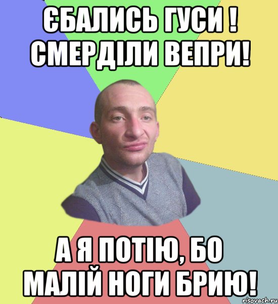 Єбались гуси ! Смерділи вепри! А я потію, бо малій ноги брию!