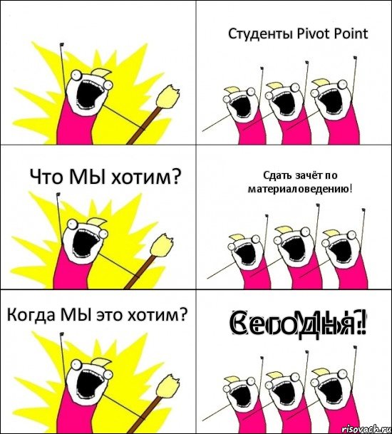 Кто МЫ? Студенты Pivot Point Что МЫ хотим? Сдать зачёт по материаловедению! Когда МЫ это хотим? Сегодня!, Комикс кто мы