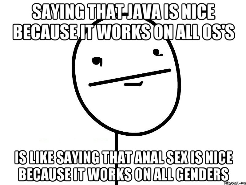 Saying that Java is nice because it works on all OS's is like saying that anal sex is nice because it works on all genders, Мем Покерфэйс