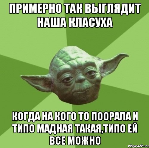 Примерно так выглядит наша класуха когда на кого то поорала и типо мадная такая,типо ей все можно, Мем Мастер Йода