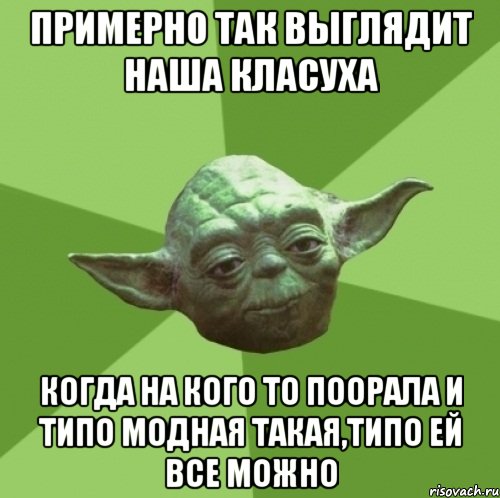 Примерно так выглядит наша класуха когда на кого то поорала и типо модная такая,типо ей все можно, Мем Мастер Йода