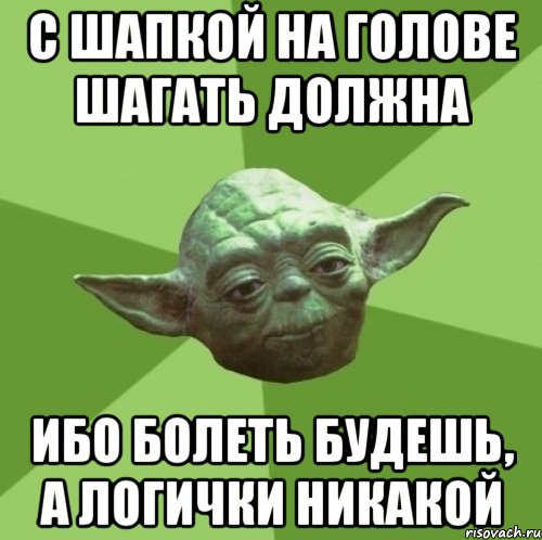 С Шапкой на голове шагать должна Ибо болеть будешь, а логички никакой, Мем Мастер Йода