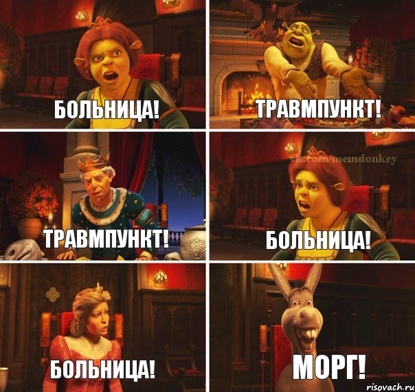 Больница! Травмпункт! Травмпункт! Больница! Больница! Морг!, Комикс  Шрек Фиона Гарольд Осел