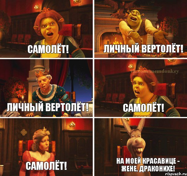 Самолёт! Личный вертолёт! Личный вертолёт! Самолёт! Самолёт! На моей красавице - жене, Драконихе!, Комикс  Шрек Фиона Гарольд Осел