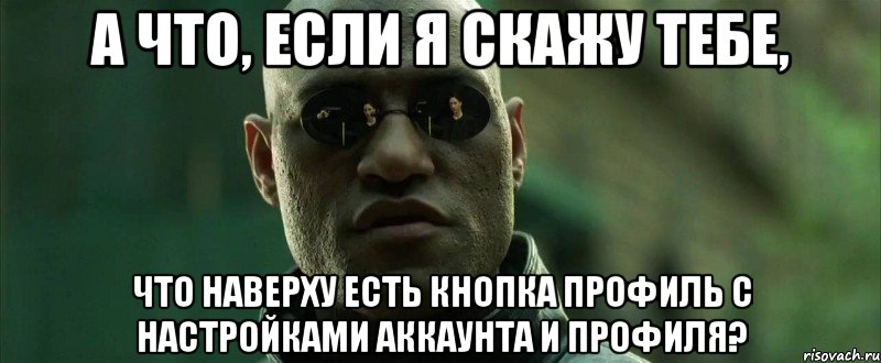 А что, если я скажу тебе, что наверху есть кнопка Профиль с настройками аккаунта и профиля?, Мем  морфеус