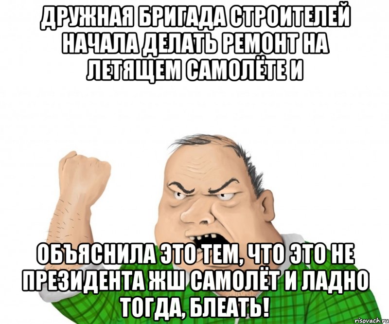 Дружная бригада строителей начала делать ремонт на летящем самолёте и объяснила это тем, что это не президента жш самолёт и ладно тогда, блеать!, Мем мужик
