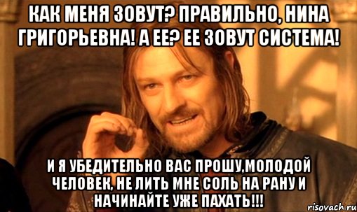 КАК МЕНЯ ЗОВУТ? ПРАВИЛЬНО, НИНА ГРИГОРЬЕВНА! А ЕЕ? ЕЕ ЗОВУТ СИСТЕМА! И Я УБЕДИТЕЛЬНО ВАС ПРОШУ,МОЛОДОЙ ЧЕЛОВЕК, НЕ ЛИТЬ МНЕ СОЛЬ НА РАНУ И НАЧИНАЙТЕ УЖЕ ПАХАТЬ!!!, Мем Нельзя просто так взять и (Боромир мем)