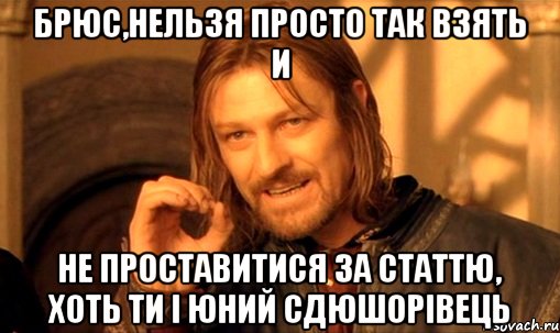 Брюс,нельзя просто так взять и не проставитися за статтю, хоть ти і юний сдюшорівець, Мем Нельзя просто так взять и (Боромир мем)