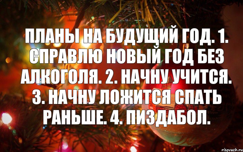 Планы на будущий год. 1. Справлю новый год без алкоголя. 2. Начну учится. 3. Начну ложится спать раньше. 4. Пиздабол., Комикс  НГ