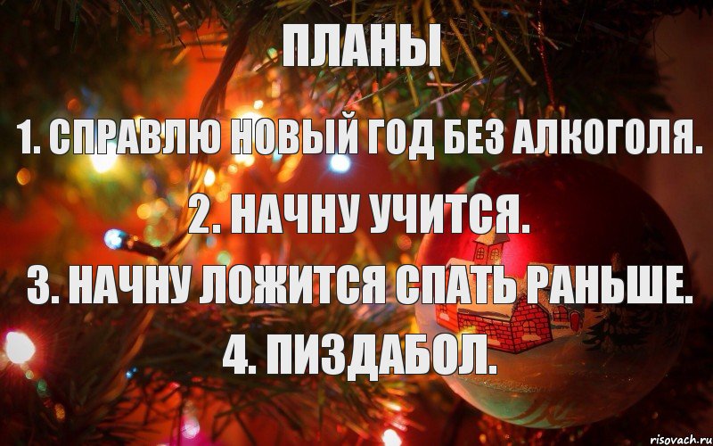 Планы 1. Справлю новый год без алкоголя. 2. Начну учится. 3. Начну ложится спать раньше. 4. Пиздабол., Комикс  НГ