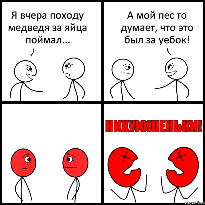 Я вчера походу медведя за яйца поймал... А мой пес то думает, что это был за уебок!