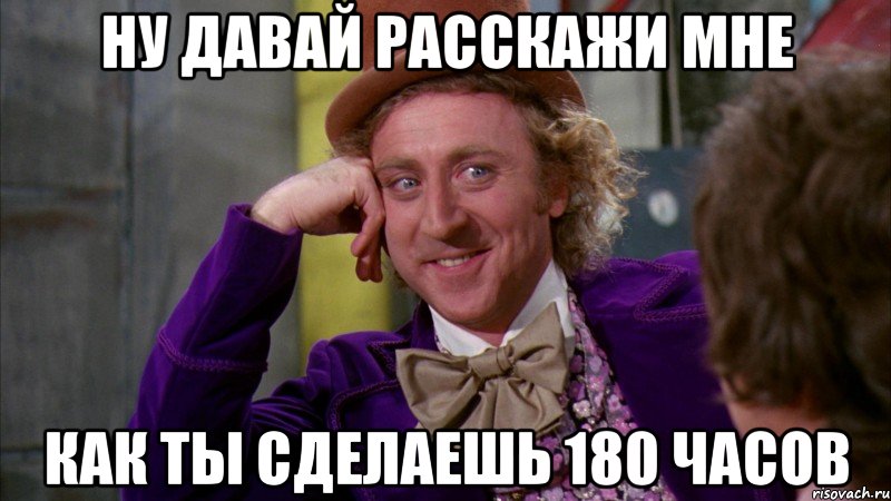 Ну давай расскажи мне Как ты сделаешь 180 часов, Мем Ну давай расскажи (Вилли Вонка)