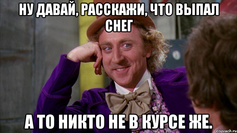 Ну давай, расскажи, что выпал снег А то никто не в курсе же., Мем Ну давай расскажи (Вилли Вонка)