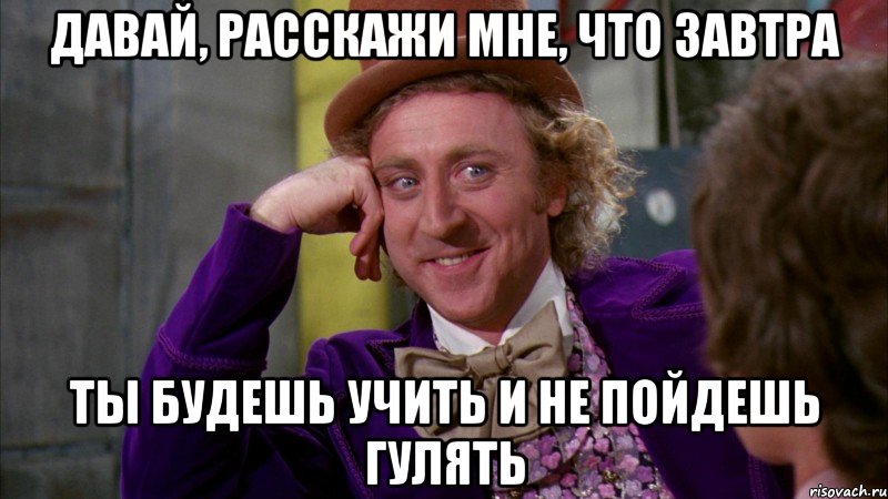 давай, расскажи мне, что завтра ты будешь учить и не пойдешь гулять, Мем Ну давай расскажи (Вилли Вонка)