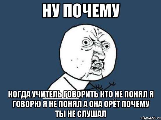 ну почему когда учитель говорить кто не понял я говорю я не понял а она орёт почему ты не слушал, Мем Ну почему