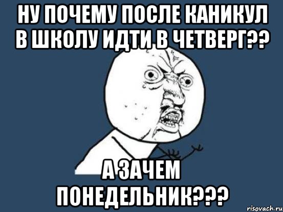 ну почему после каникул в школу идти в четверг?? А зачем понедельник???, Мем Ну почему