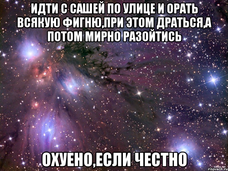 идти с Сашей по улице и орать всякую фигню,при этом драться,а потом мирно разойтись охуено,если честно, Мем Космос