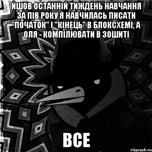 йшов останній тиждень навчання за пів року я навчилась писати "початок" і "кінець" в блоксхемі, а Оля - компілювати в зошиті все