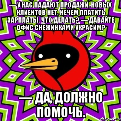 — У нас падают продажи, новых клиентов нет, нечем платить зарплаты. Что делать? — Давайте офис снежинками украсим? — Да, должно помочь., Мем Омская птица