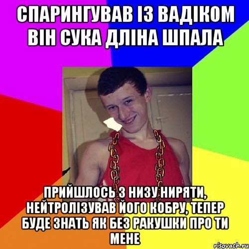 спарингував із Вадіком він сука дліна шпала прийшлось з низу ниряти, нейтролізував його кобру, тепер буде знать як без ракушки про ти мене