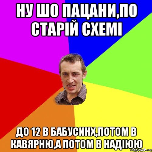 ну шо пацани,по старій схемі до 12 в бабусинх,потом в кавярню,а потом в надіюю, Мем Чоткий паца